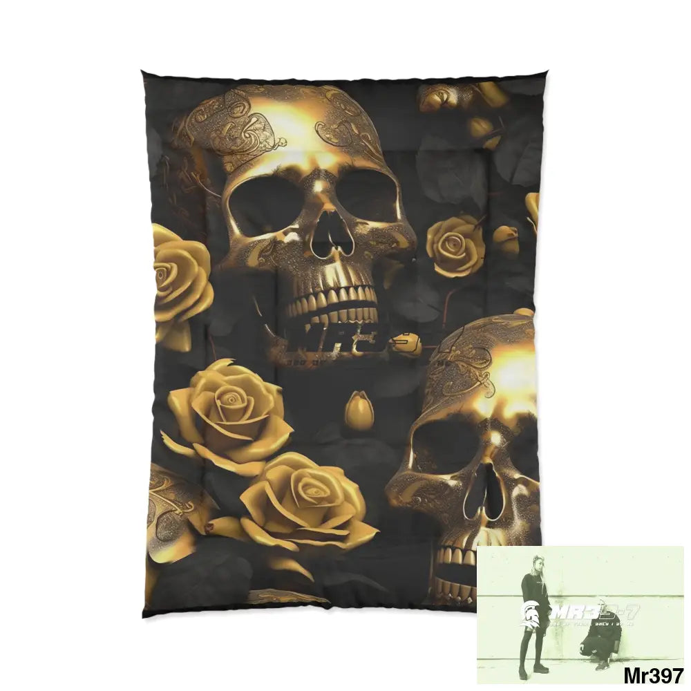 MR39-7 Gold Skulls & Roses Comforter 68’’ × 92’’ Home Decor