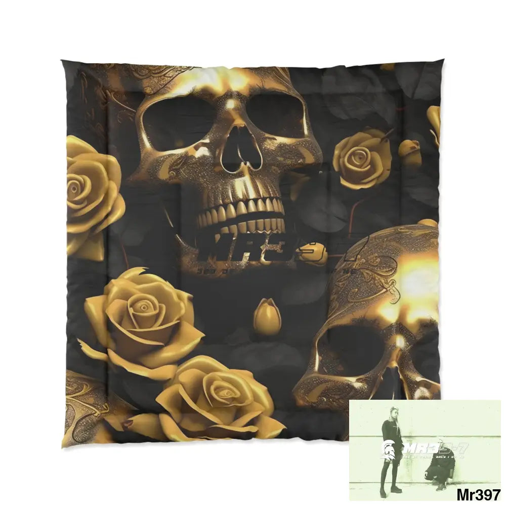 MR39-7 Gold Skulls & Roses Comforter 88’’ × 88’’ Home Decor
