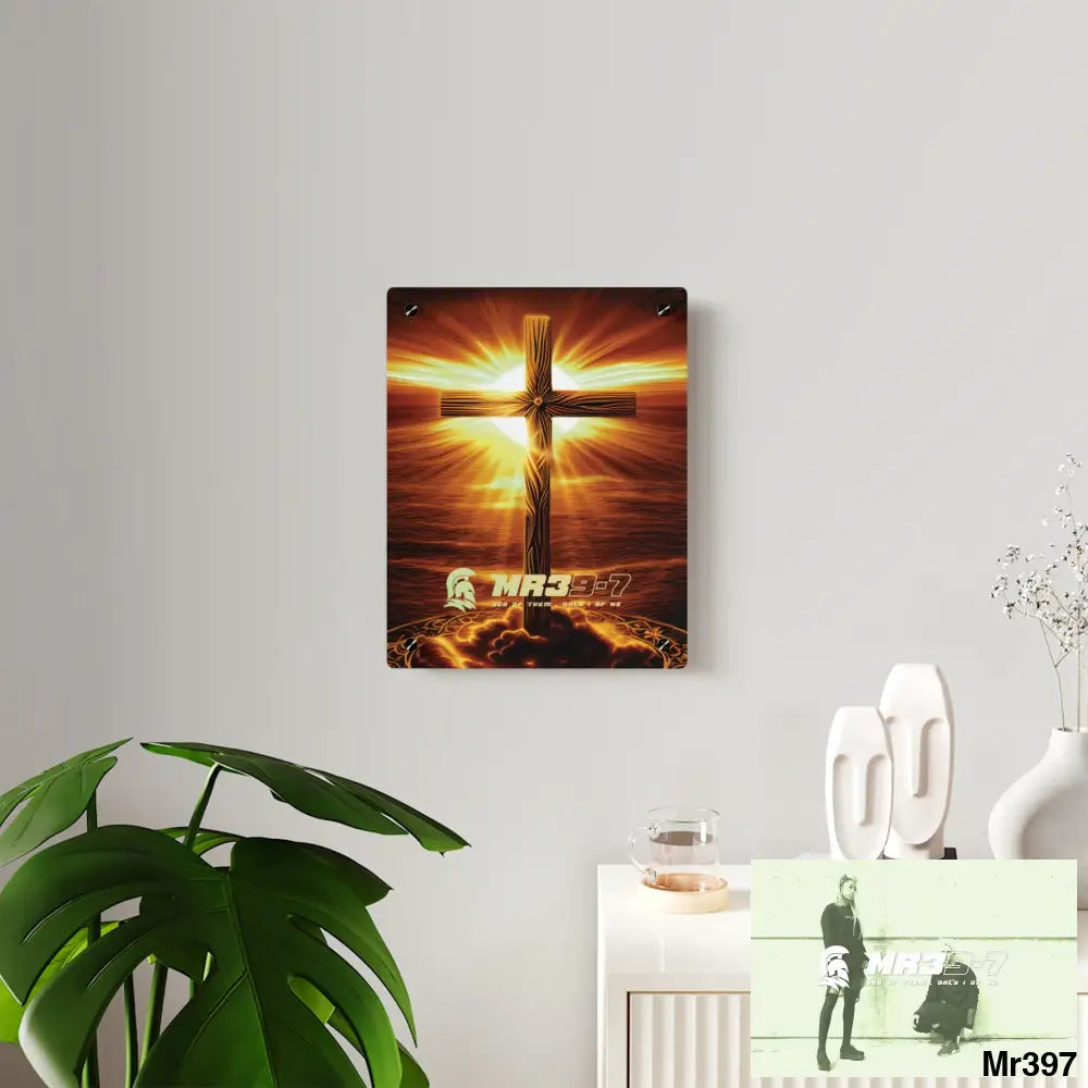 Mr39-7 Golden Sunrise Old Rugged Cross Celestial Ambient Faith Hyper Realistic Acrylic Wall Art Panels Home Decor
