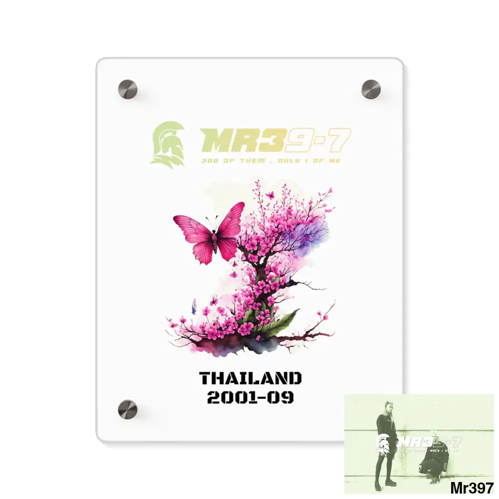 MR39-7 Thailand 2001--09 Pink Butterfly on Ornamental Cherry Tree Branch. Acrylic Wall Art Panels 8″ x 10″ (Vertical)