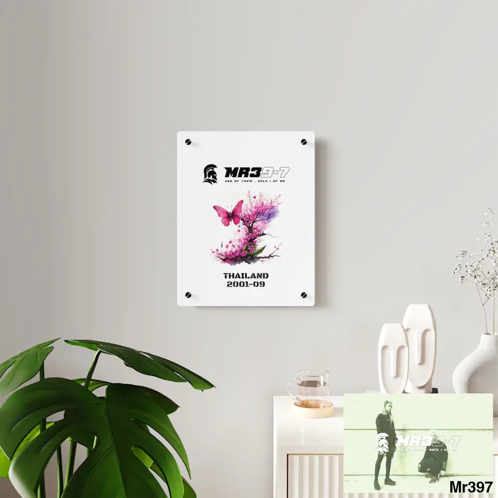 MR39-7 Thailand 2001--09 Pink Butterfly on Ornamental Cherry Tree Branch Acrylic Wall Art Panels Home Decor