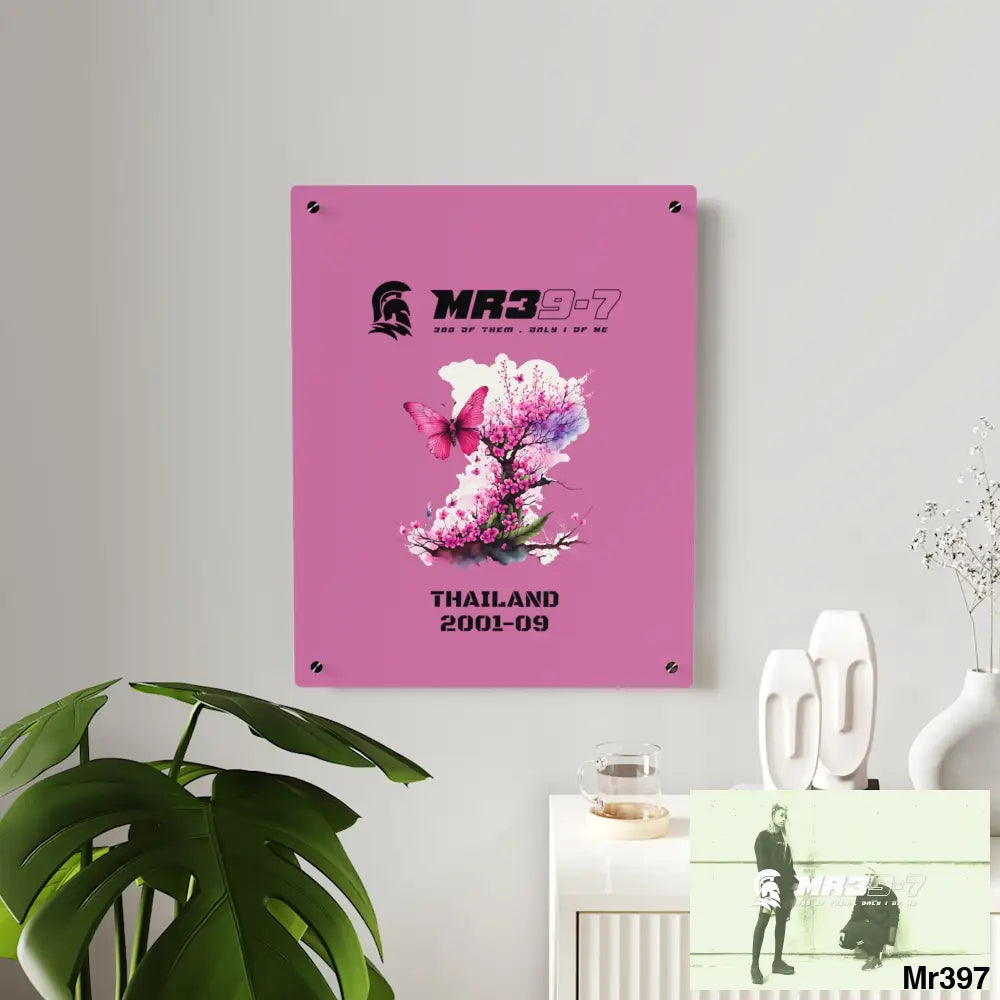 MR39-7 Thailand 2001--09 Pink Butterfly on Ornamental Cherry Tree Branch Acrylic Wall Art Panels Home Decor