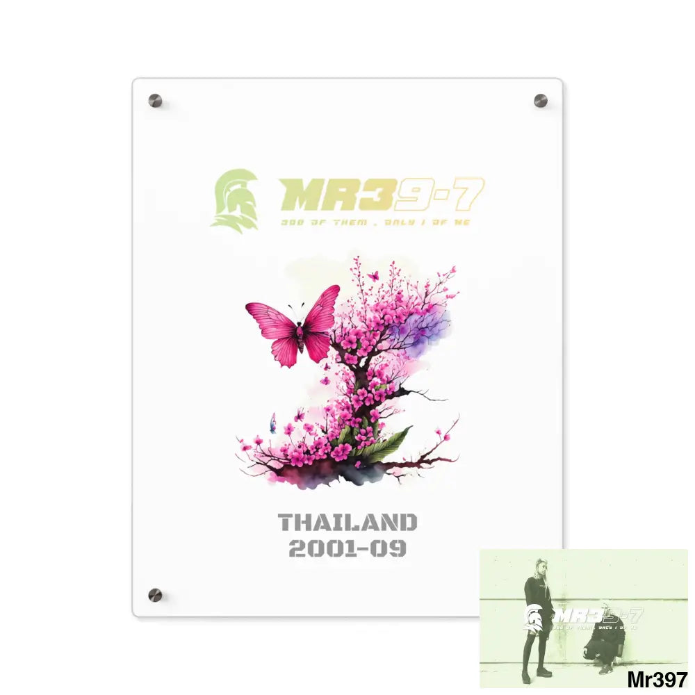 MR39-7 Thailand 2001 -2009 Pink Butterfly on Ornamental Cherry Tree Branch Acrylic Wall Art Panels 16″ x 20″ (Vertical)