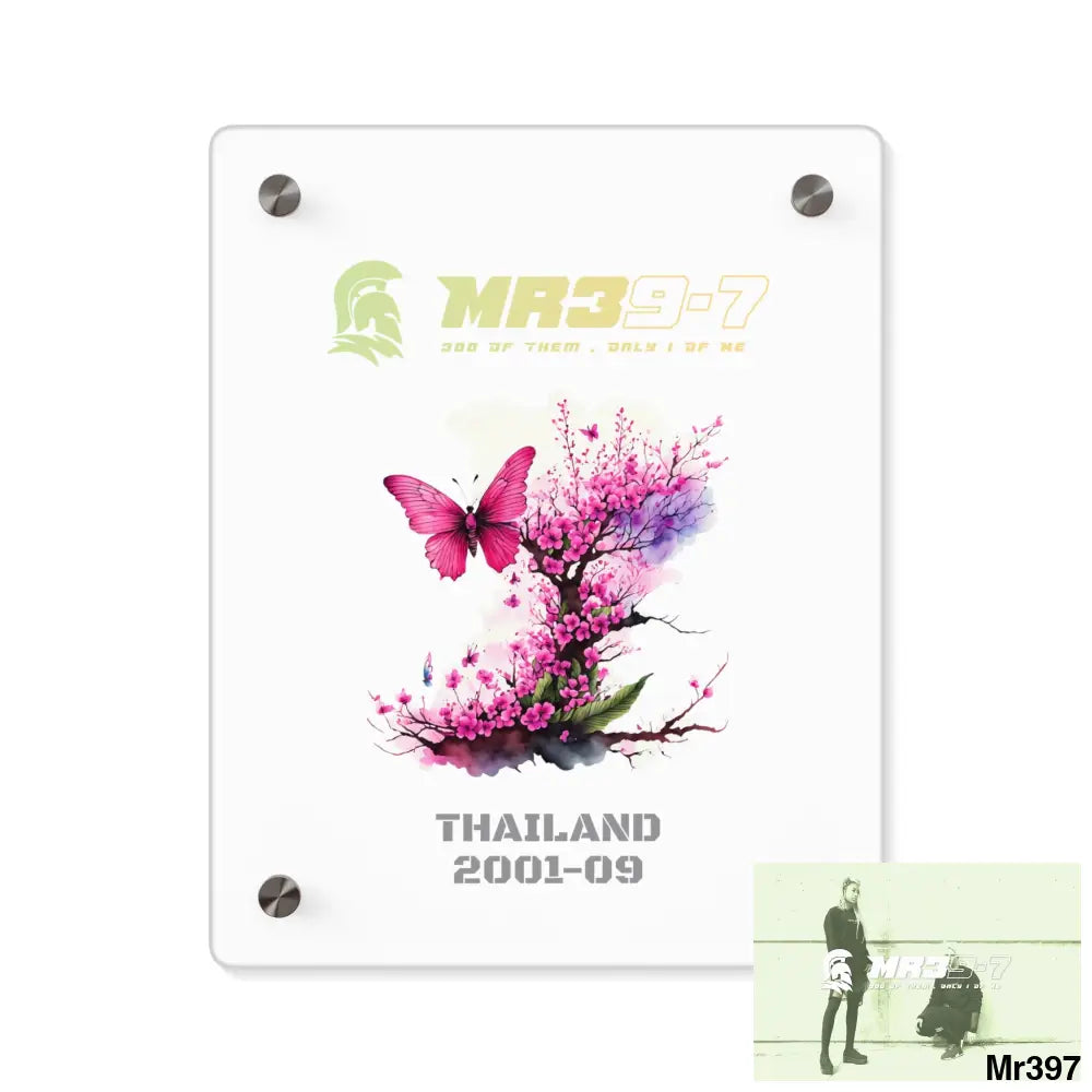 MR39-7 Thailand 2001 -2009 Pink Butterfly on Ornamental Cherry Tree Branch Acrylic Wall Art Panels 8″ x 10″ (Vertical)