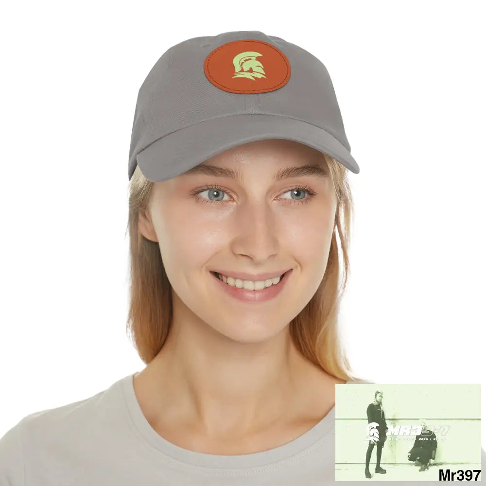 MR39 Sparta Dad Hat with Leather Patch (Round) Grey / Light Brown patch / Circle / One size Hats