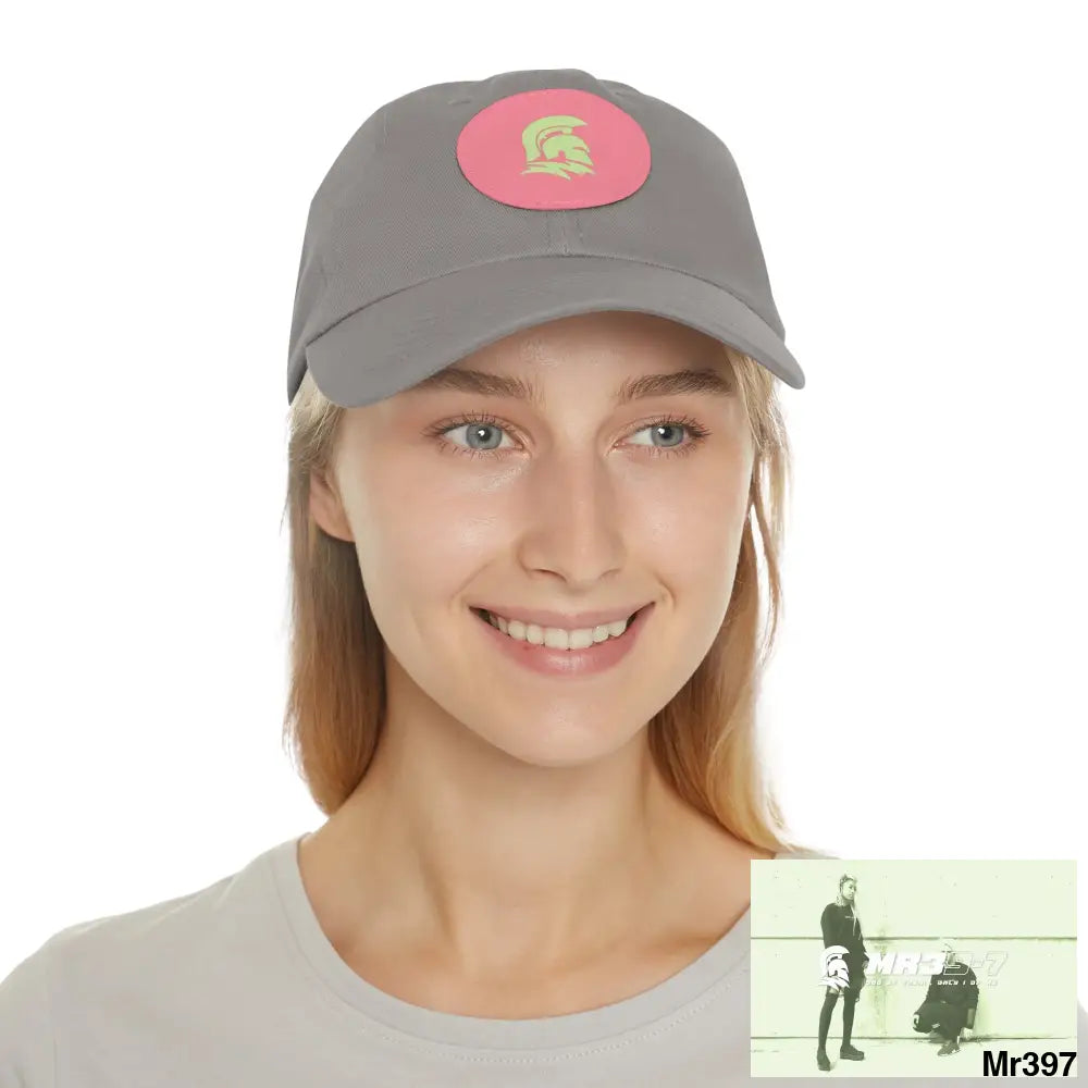 MR39 Sparta Dad Hat with Leather Patch (Round) Grey / Pink patch / Circle / One size Hats