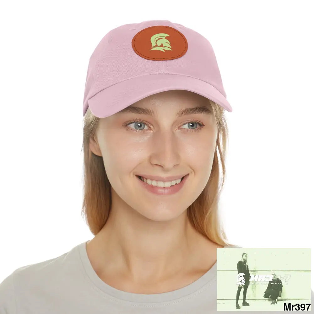 MR39 Sparta Dad Hat with Leather Patch (Round) Light Pink / Light Brown patch / Circle / One size Hats