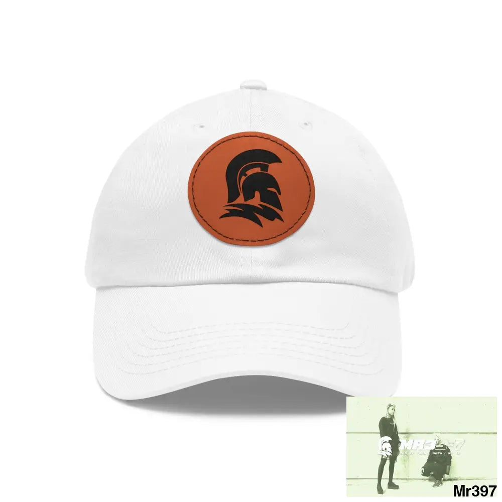 MR39 Sparta Dad Hat with Leather Patch (Round) White / Light Brown patch / Circle / One size Hats