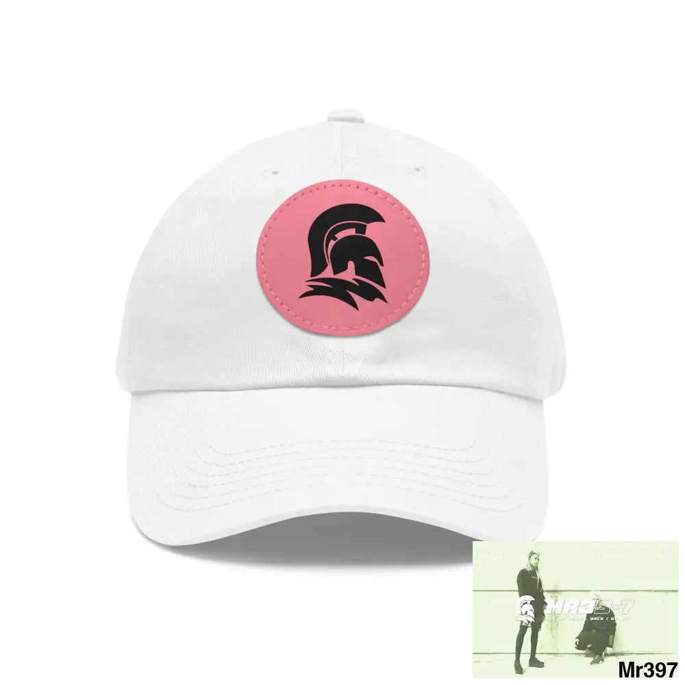MR39 Sparta Dad Hat with Leather Patch (Round) White / Pink patch / Circle / One size Hats