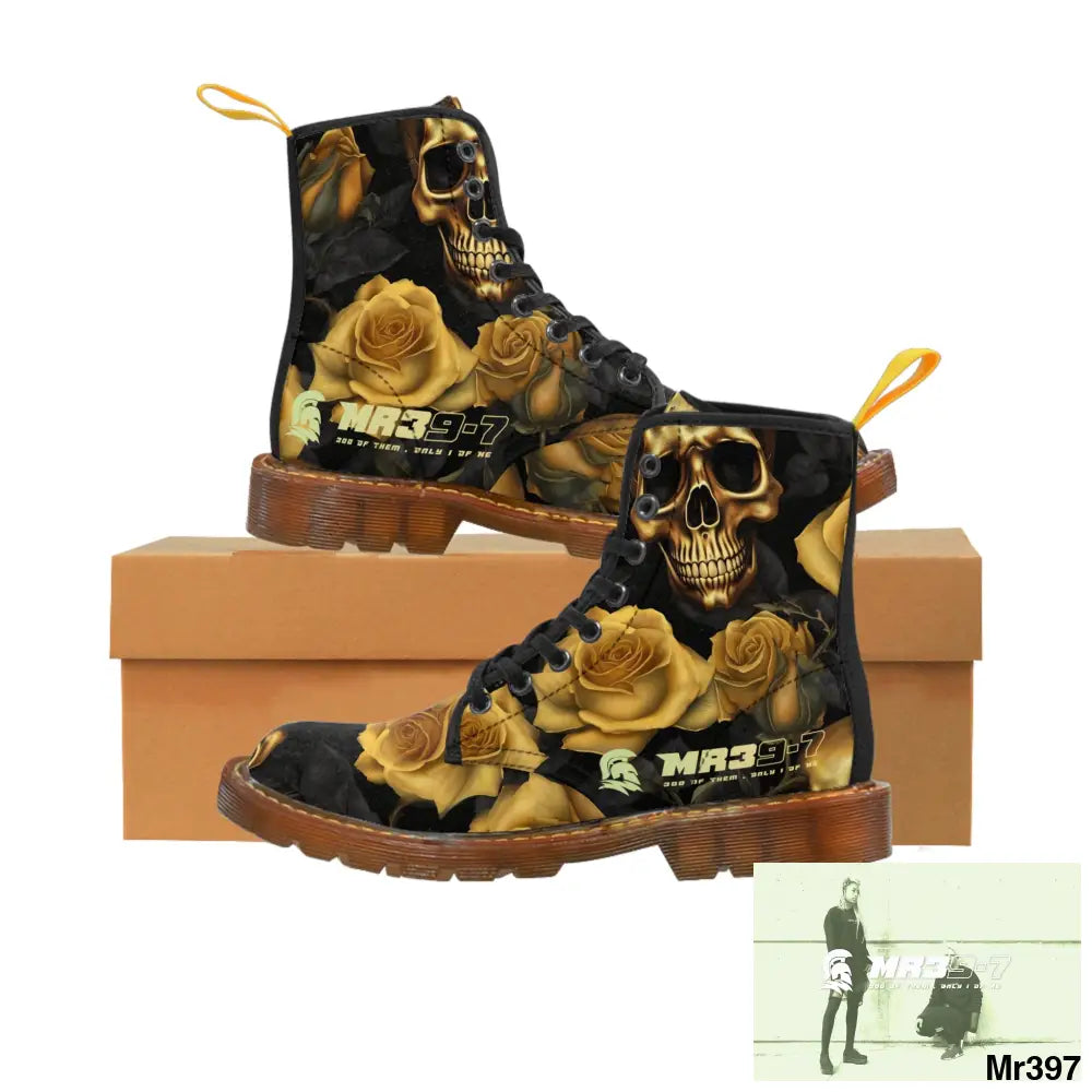 MR39’S No 2 Gothic Skulls and Gold Roses Canvas Boots AOP Shoes