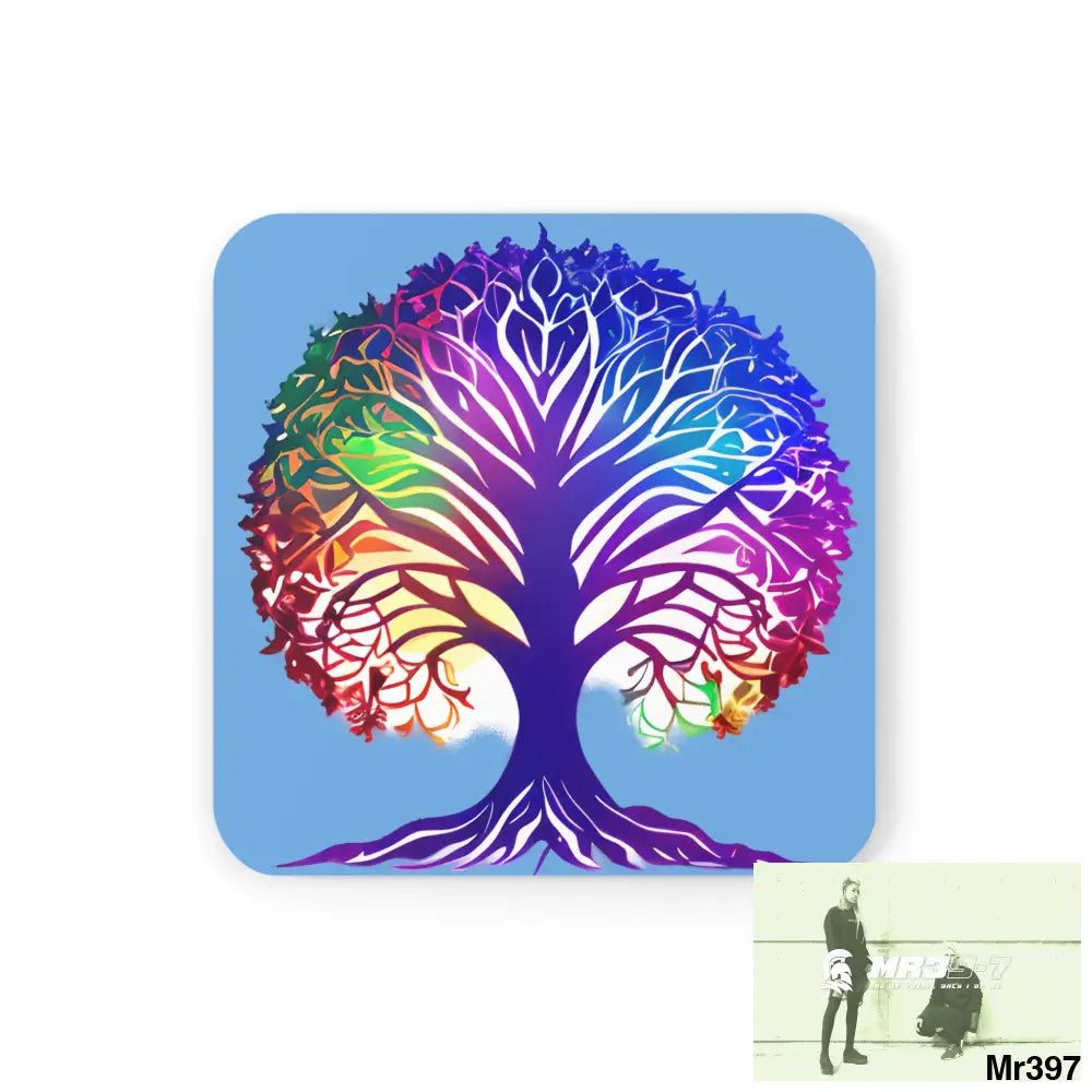 Multi coloured tree of life Corkwood Coaster Set Cork / 3.75’’ × 3.75’’ / Square Home Decor