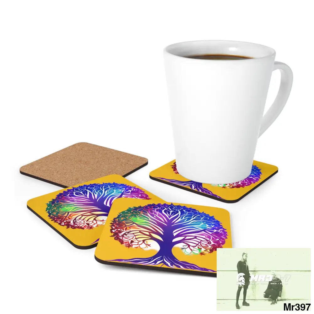 Multi coloured tree of life Corkwood Coaster Set Cork / 3.75’’ × 3.75’’ / Square Home Decor