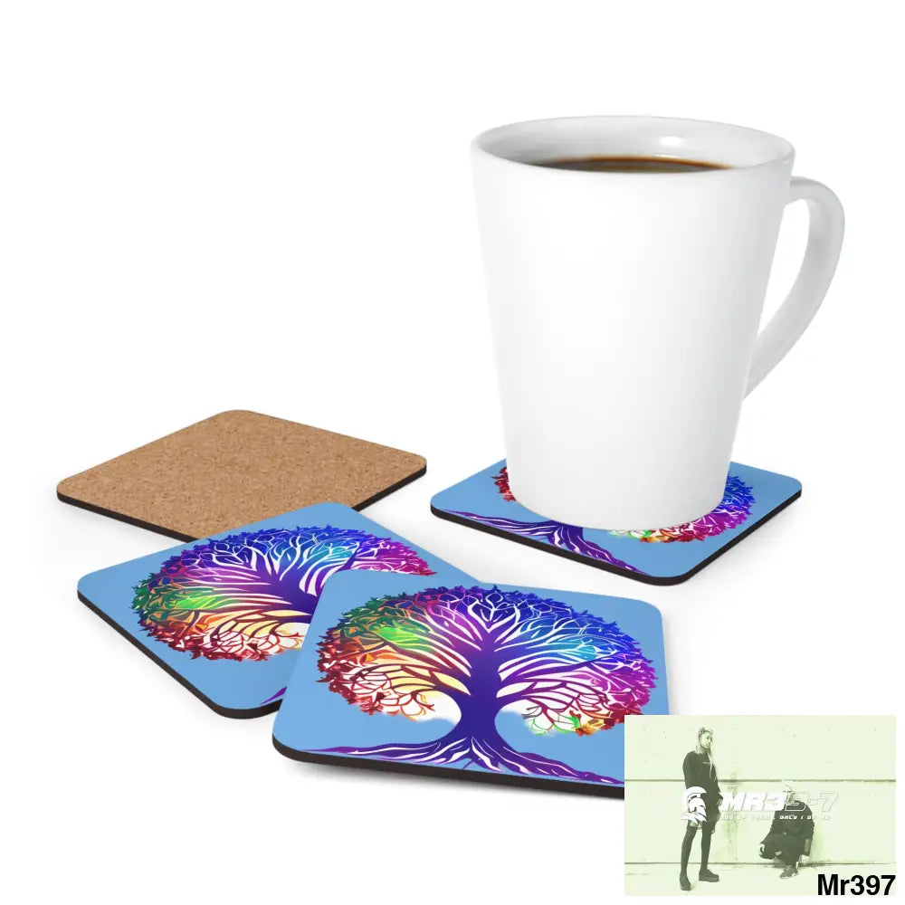Multi coloured tree of life Corkwood Coaster Set Cork / 3.75’’ × 3.75’’ / Square Home Decor