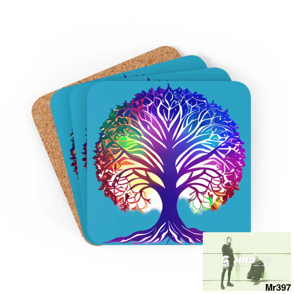Multi coloured tree of life Corkwood Coaster Set Cork / 3.75’’ × 3.75’’ / Square Home Decor