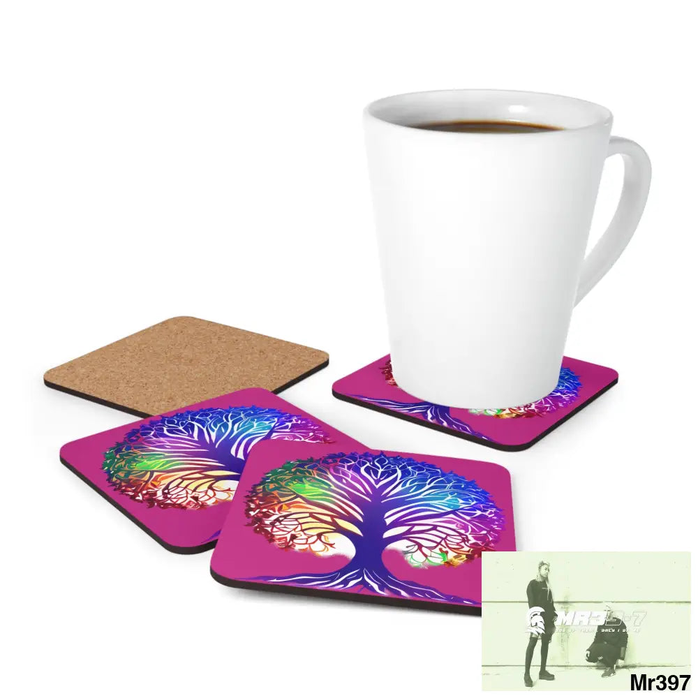 Multi coloured tree of life Corkwood Coaster Set Cork / 3.75’’ × 3.75’’ / Square Home Decor