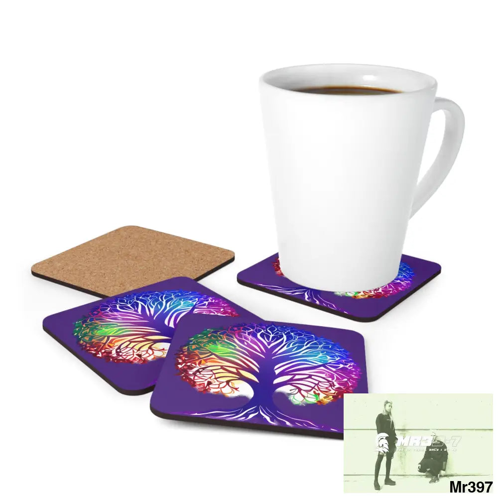 Multi coloured tree of life Corkwood Coaster Set Cork / 3.75’’ × 3.75’’ / Square Home Decor
