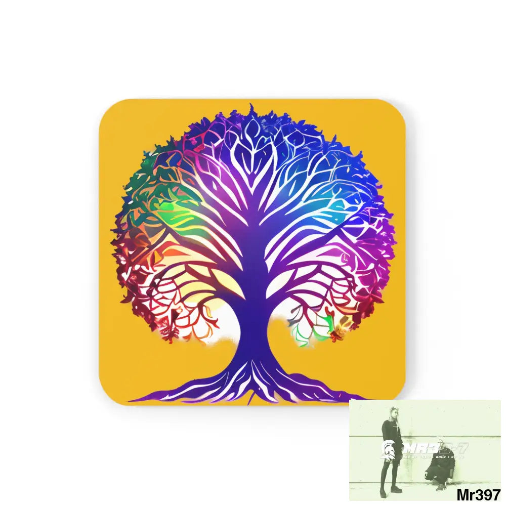 Multi coloured tree of life Corkwood Coaster Set Cork / 3.75’’ × 3.75’’ / Square Home Decor
