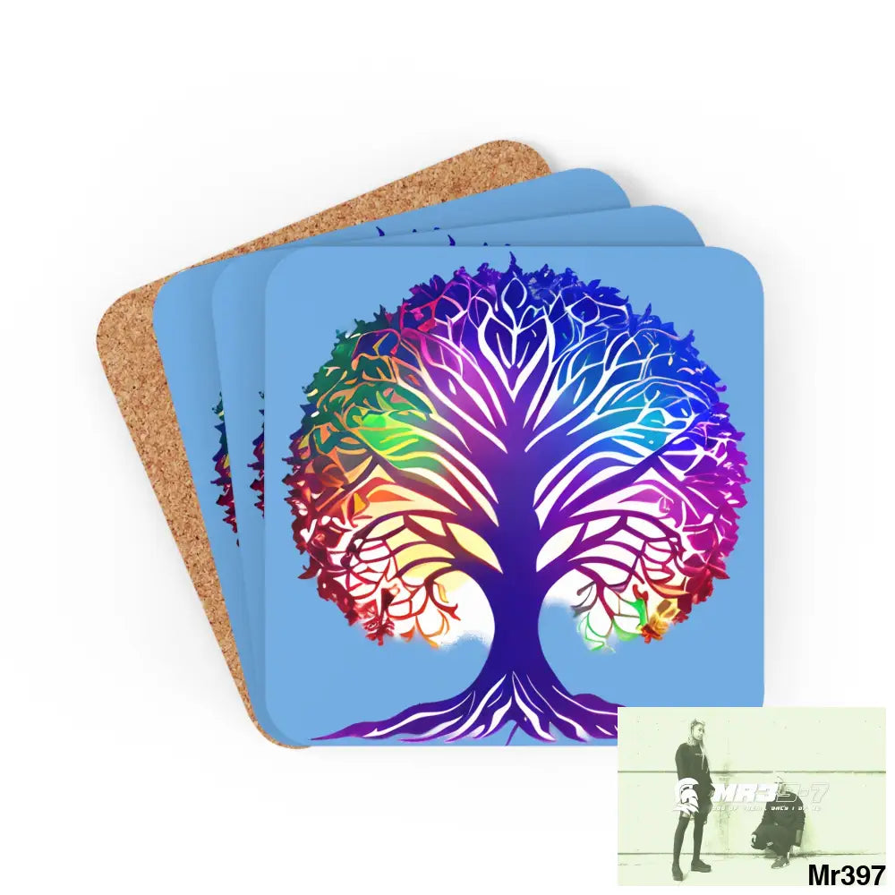 Multi coloured tree of life Corkwood Coaster Set Cork / 3.75’’ × 3.75’’ / Square Home Decor
