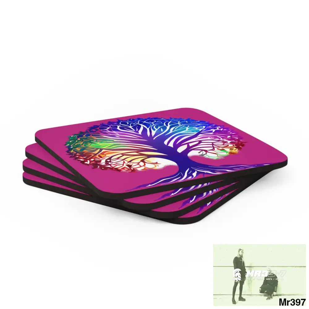 Multi coloured tree of life Corkwood Coaster Set Cork / 3.75’’ × 3.75’’ / Square Home Decor
