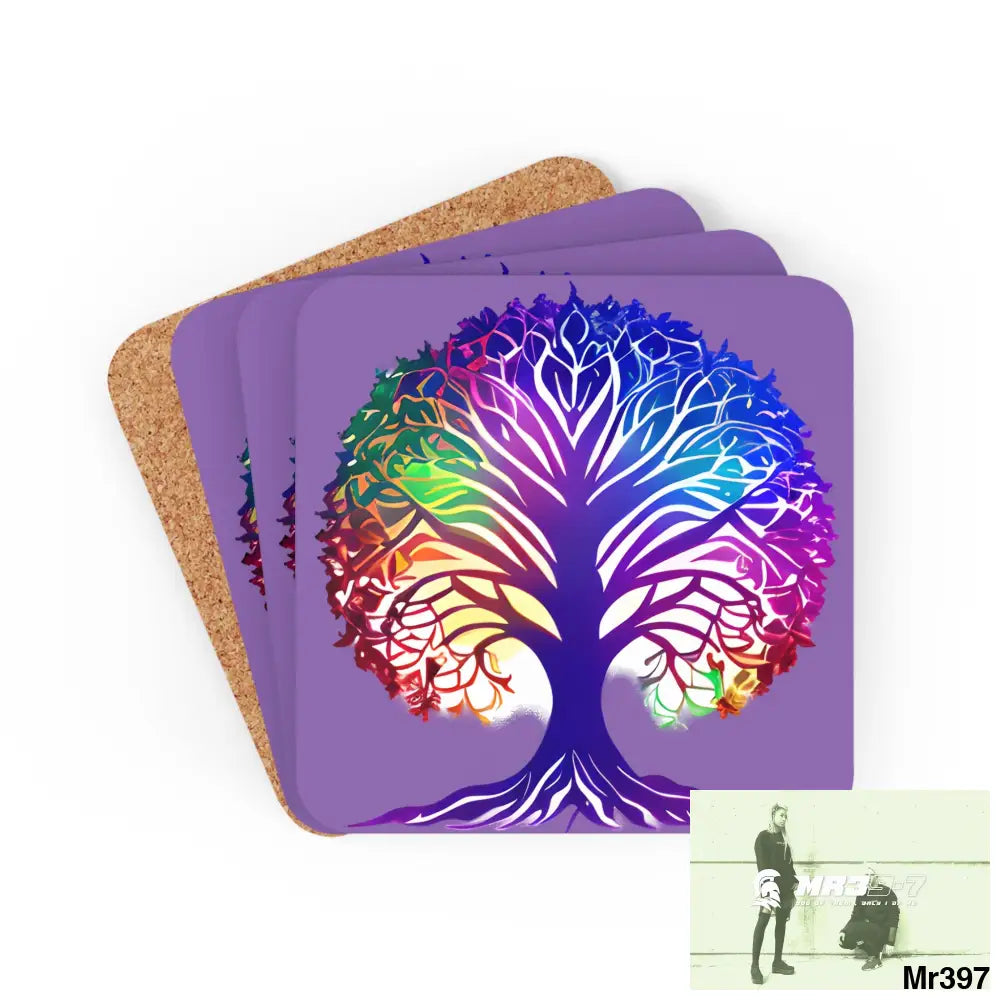 Multi coloured tree of life Corkwood Coaster Set Cork / 3.75’’ × 3.75’’ / Square Home Decor