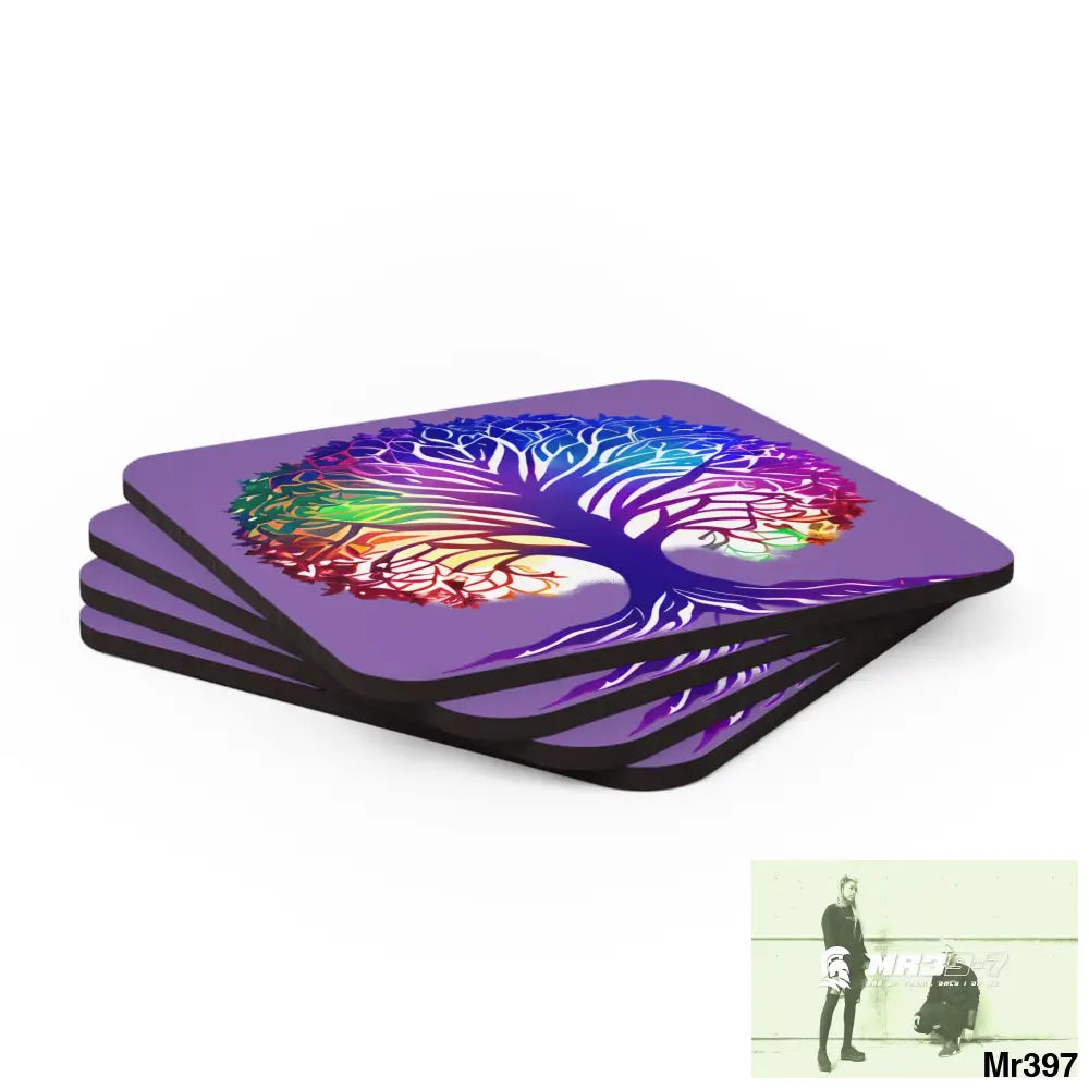 Multi coloured tree of life Corkwood Coaster Set Cork / 3.75’’ × 3.75’’ / Square Home Decor