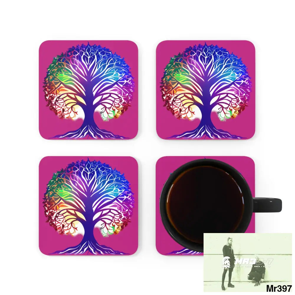Multi coloured tree of life Corkwood Coaster Set Cork / 3.75’’ × 3.75’’ / Square Home Decor