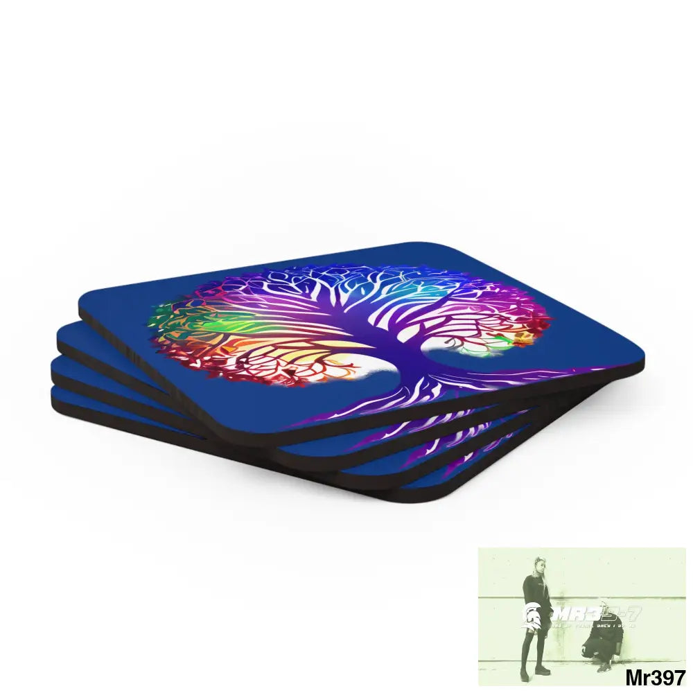 Multi coloured tree of life Corkwood Coaster Set Cork / 3.75’’ × 3.75’’ / Square Home Decor
