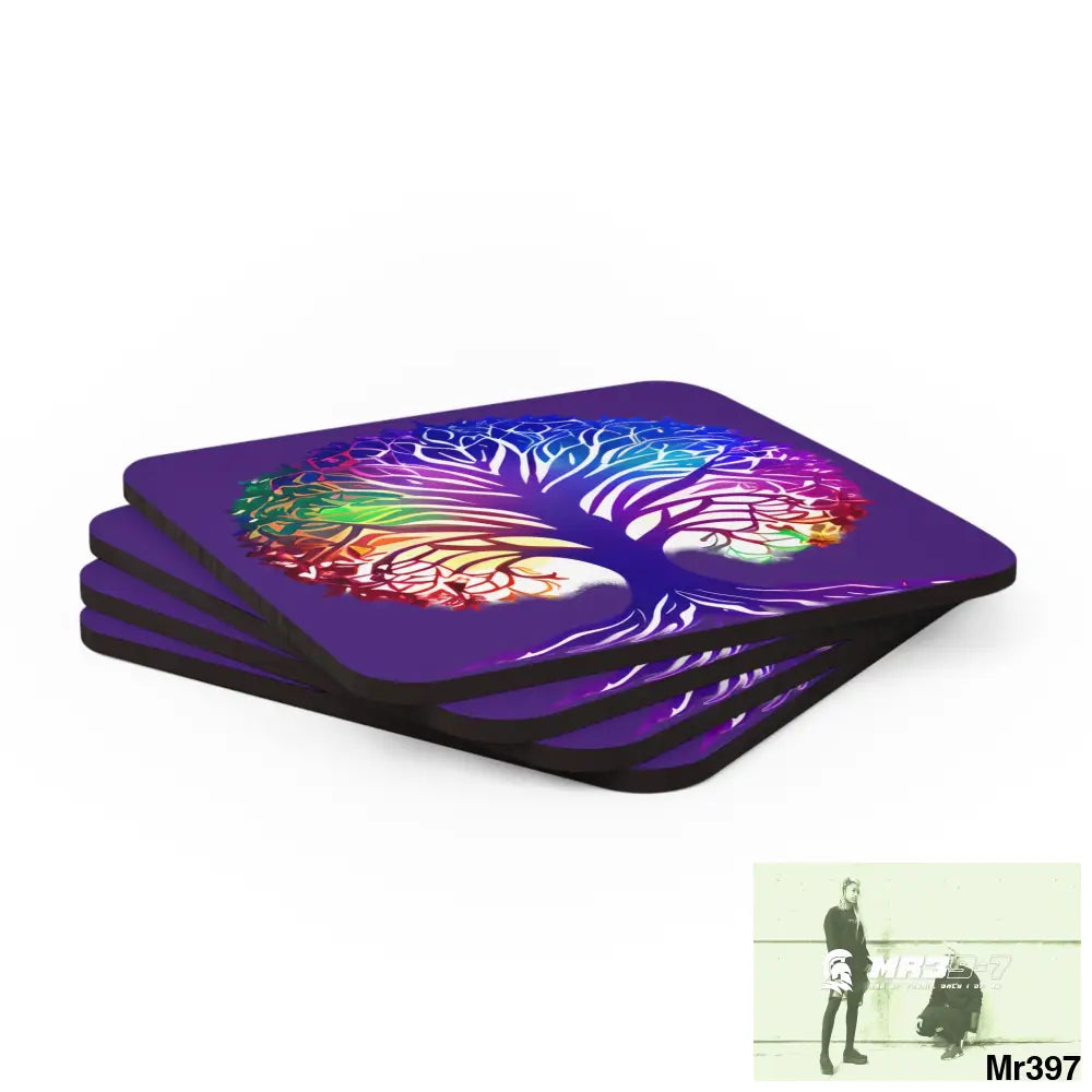 Multi coloured tree of life Corkwood Coaster Set Cork / 3.75’’ × 3.75’’ / Square Home Decor