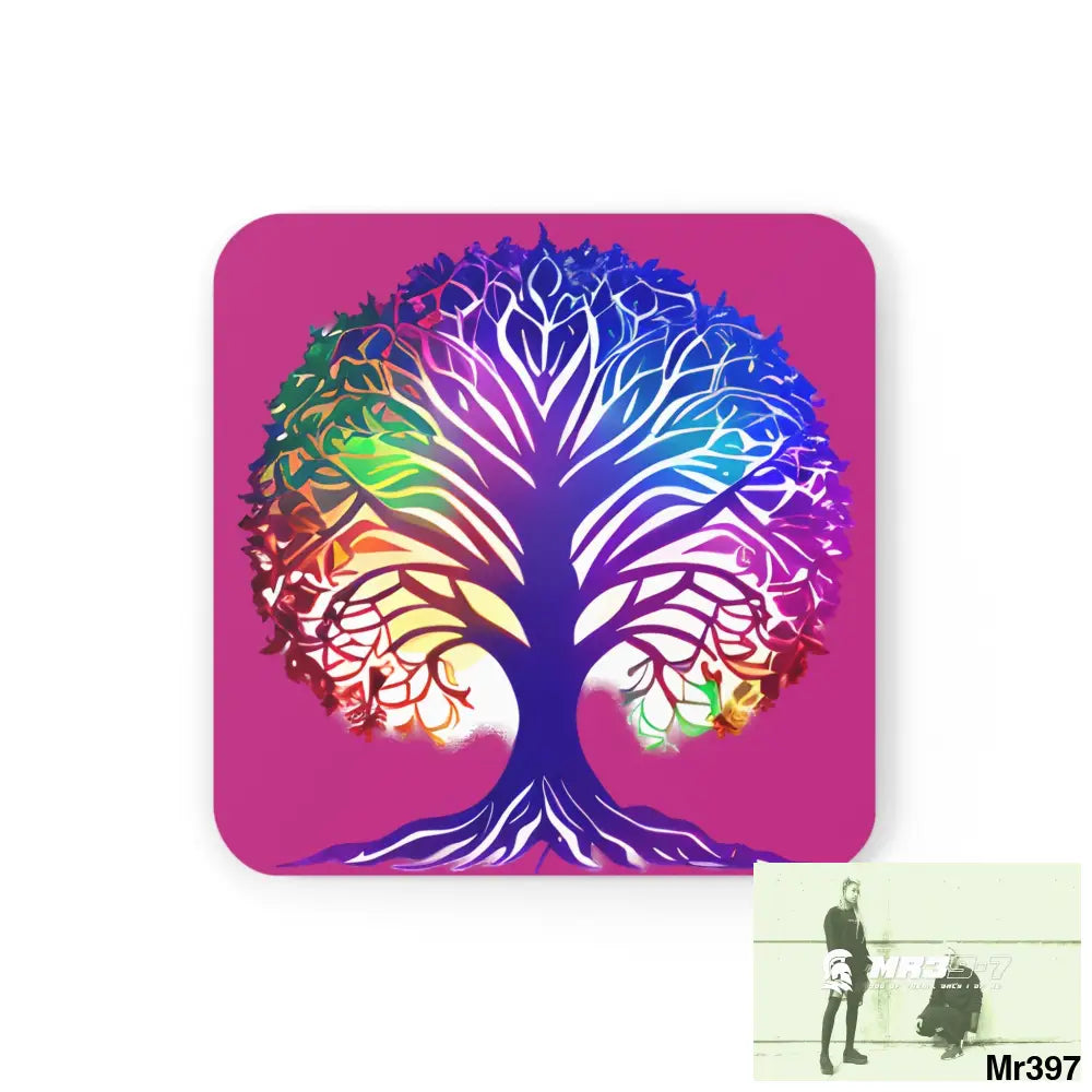 Multi coloured tree of life Corkwood Coaster Set Cork / 3.75’’ × 3.75’’ / Square Home Decor