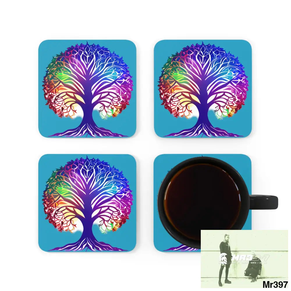 Multi coloured tree of life Corkwood Coaster Set Cork / 3.75’’ × 3.75’’ / Square Home Decor