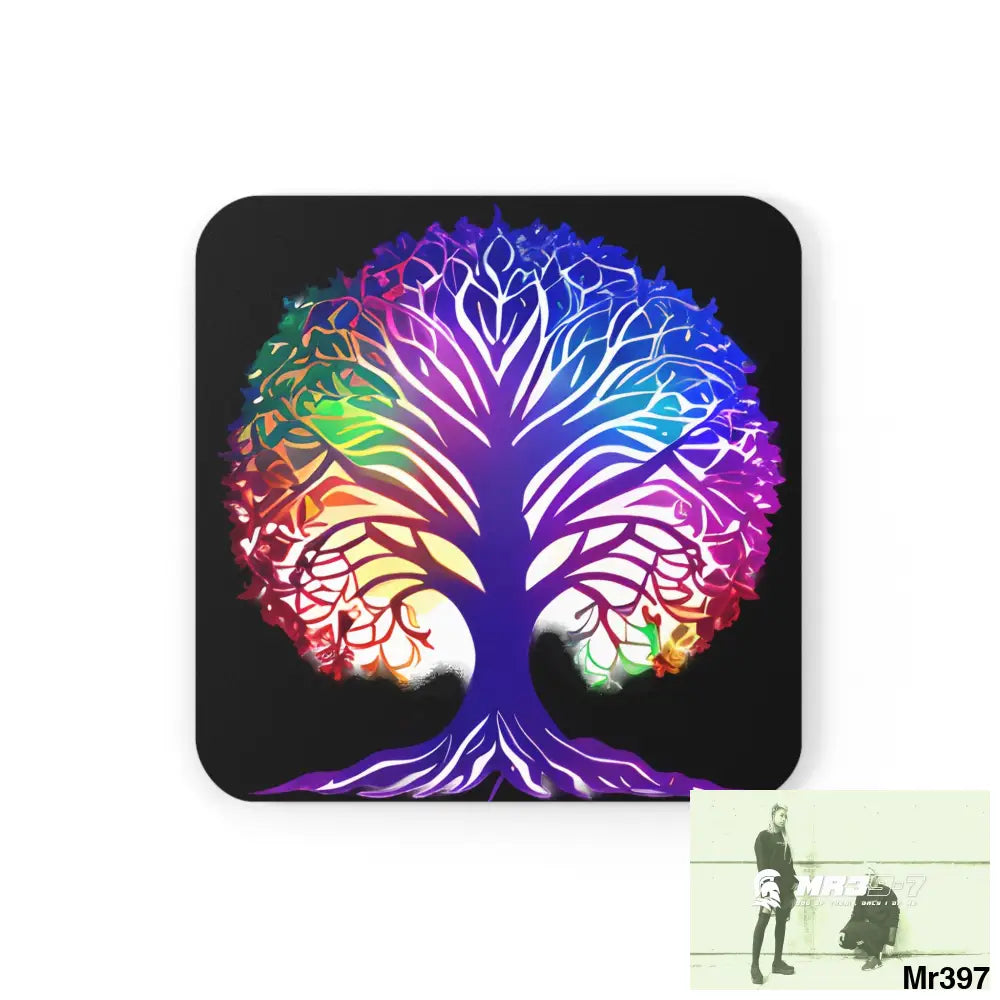 Multi coloured tree of life Corkwood Coaster Set Cork / 3.75’’ × 3.75’’ / Square Home Decor