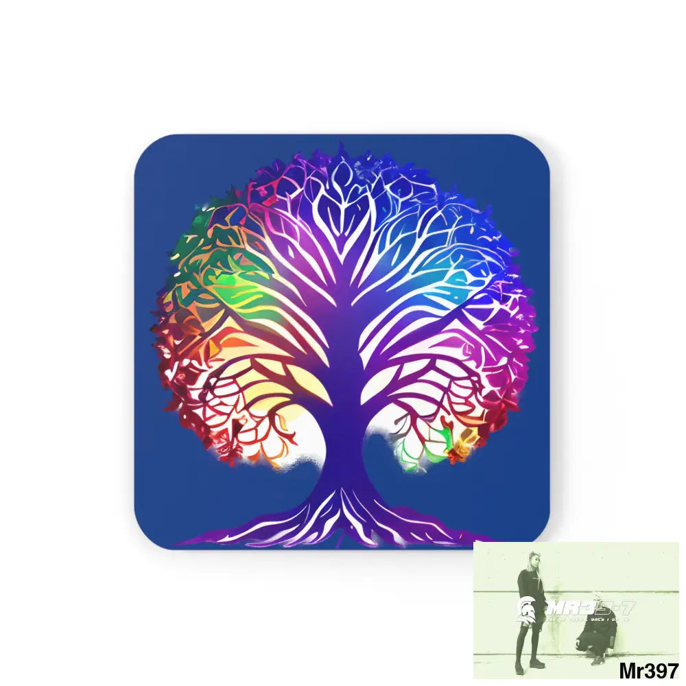 Multi coloured tree of life Corkwood Coaster Set Cork / 3.75’’ × 3.75’’ / Square Home Decor