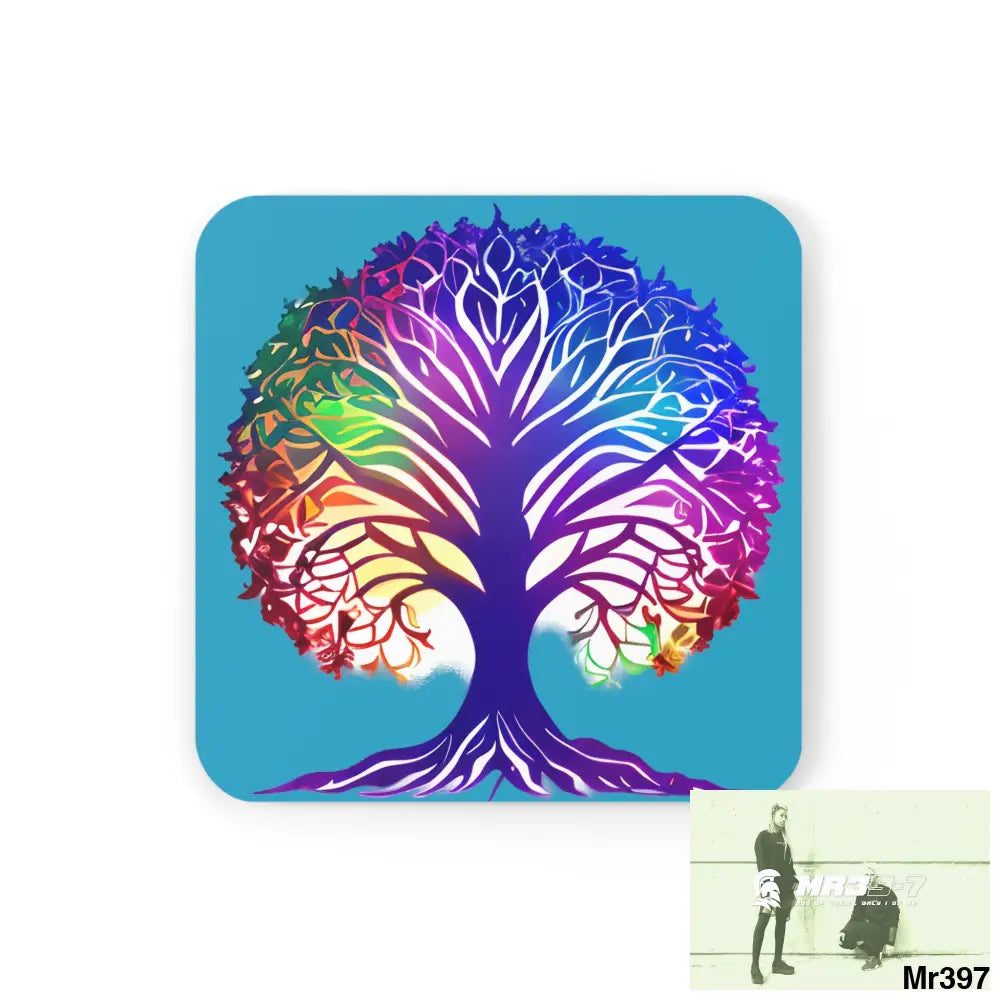 Multi coloured tree of life Corkwood Coaster Set Cork / 3.75’’ × 3.75’’ / Square Home Decor