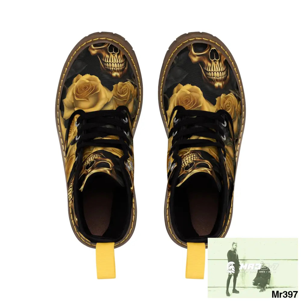 No 2 A1- peace Sparta Gothic Skulls and Gold Roses Canvas Boots AOP Shoes
