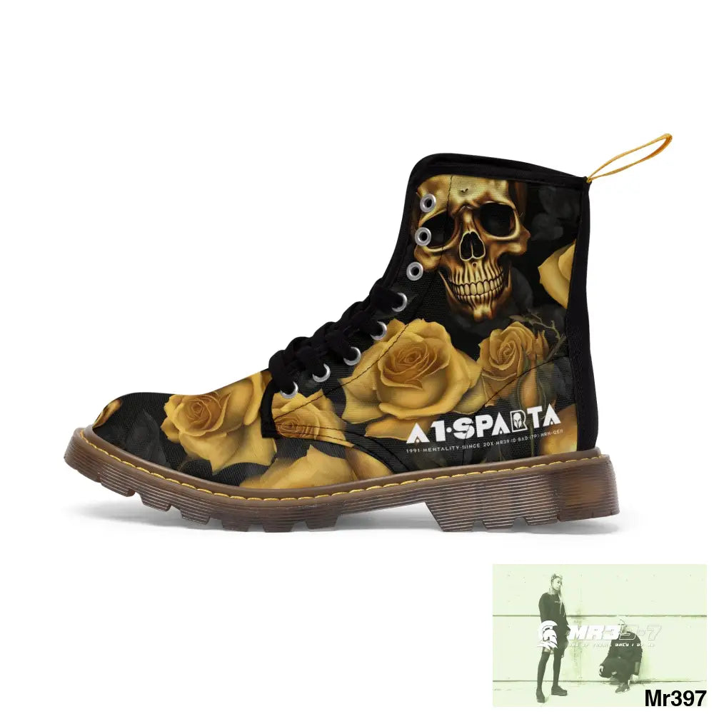No 2 A1- peace Sparta Gothic Skulls and Gold Roses Canvas Boots AOP Shoes