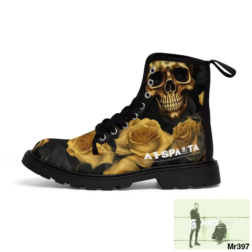No 2 A1- peace Sparta Gothic Skulls and Gold Roses Canvas Boots AOP US 7 / Black sole Shoes