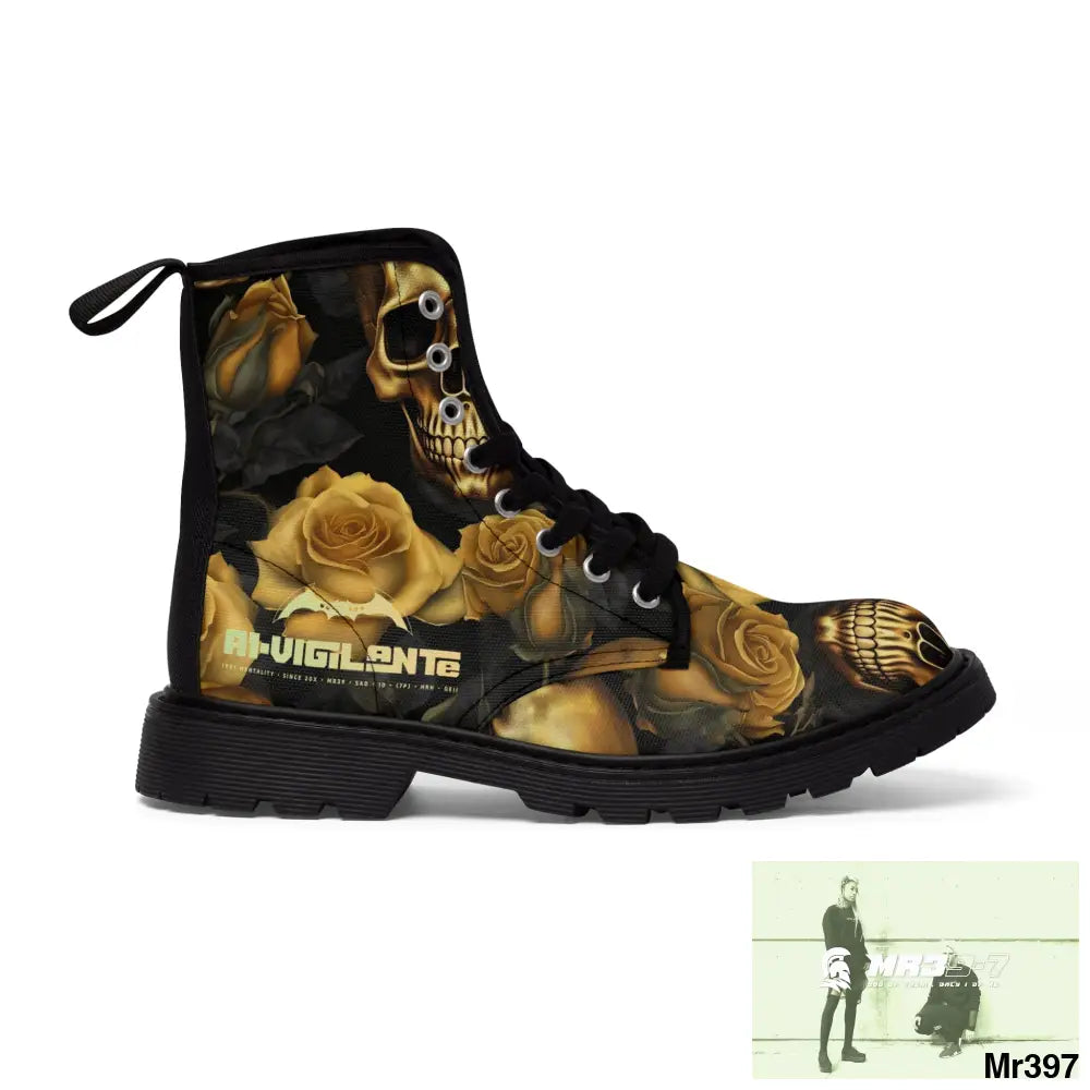 No 2 A1-Vigilante Gothic Skulls and Gold Roses Canvas Boots AOP Shoes