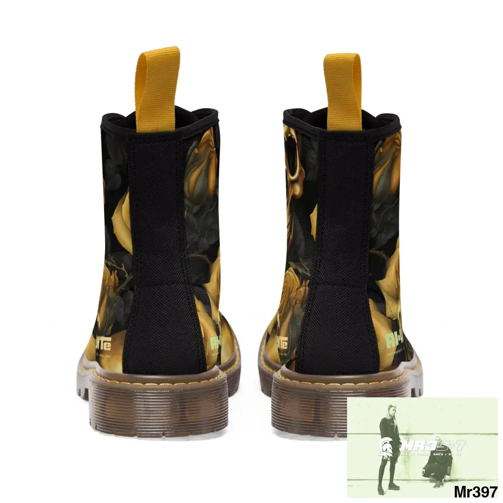 No 2 A1-Vigilante Gothic Skulls and Gold Roses Canvas Boots AOP Shoes