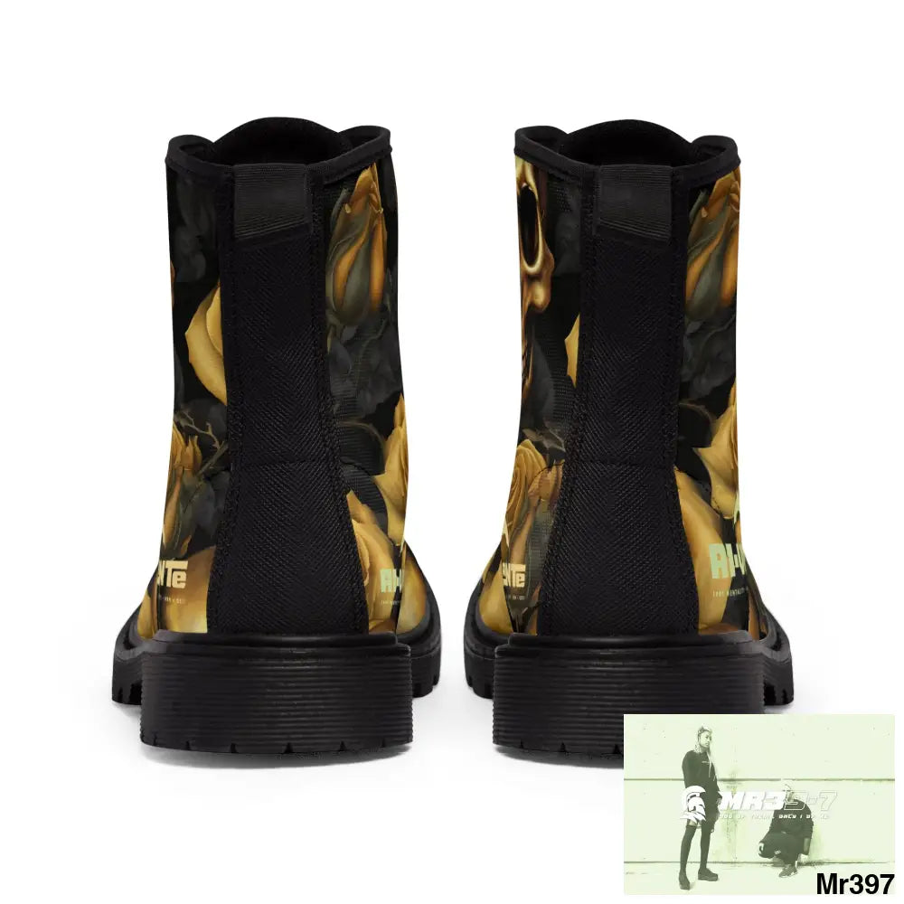 No 2 A1-Vigilante Gothic Skulls and Gold Roses Canvas Boots AOP Shoes
