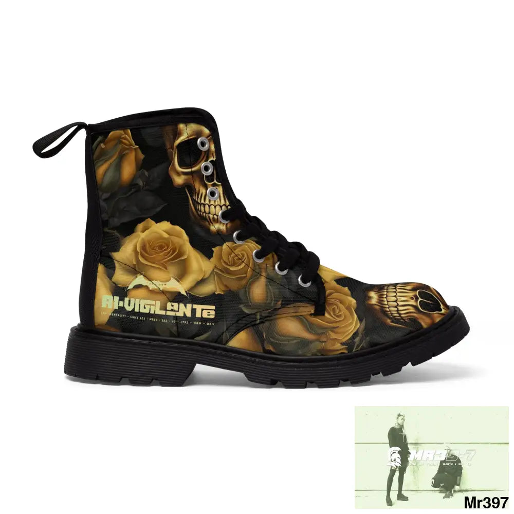 No 2 A1-Vigilante Gothic Skulls and Gold Roses Canvas Boots AOP Shoes