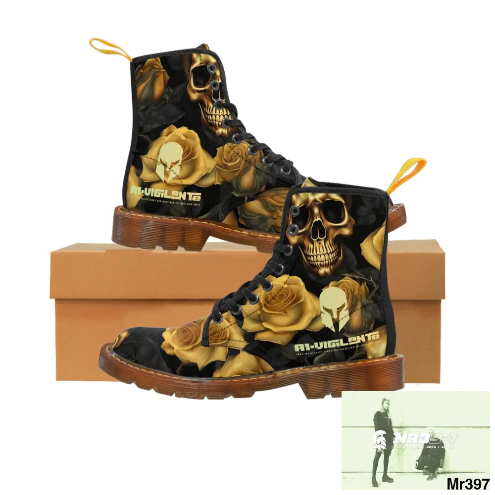 No 2 A1-Vigilante Sparta Gothic Skulls and Gold Roses Canvas Boots AOP Shoes