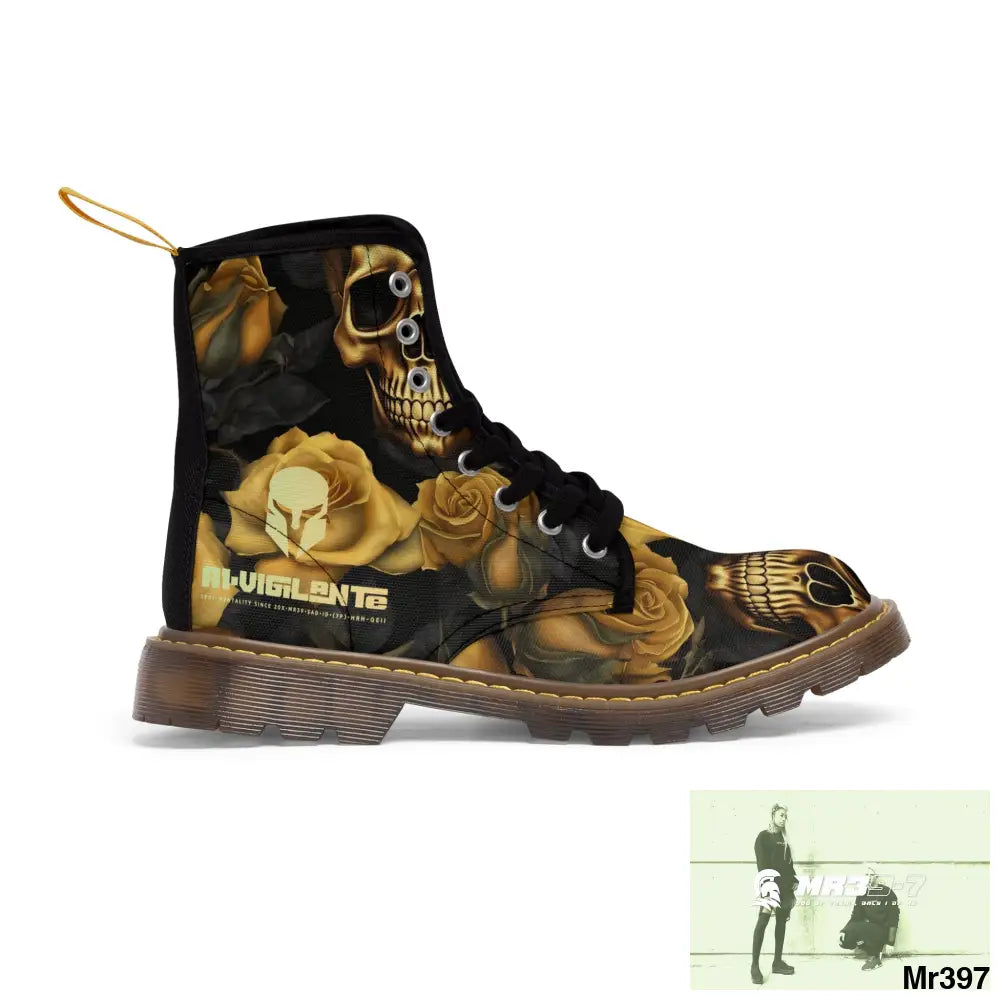 No 2 A1-Vigilante Sparta Gothic Skulls and Gold Roses Canvas Boots AOP Shoes