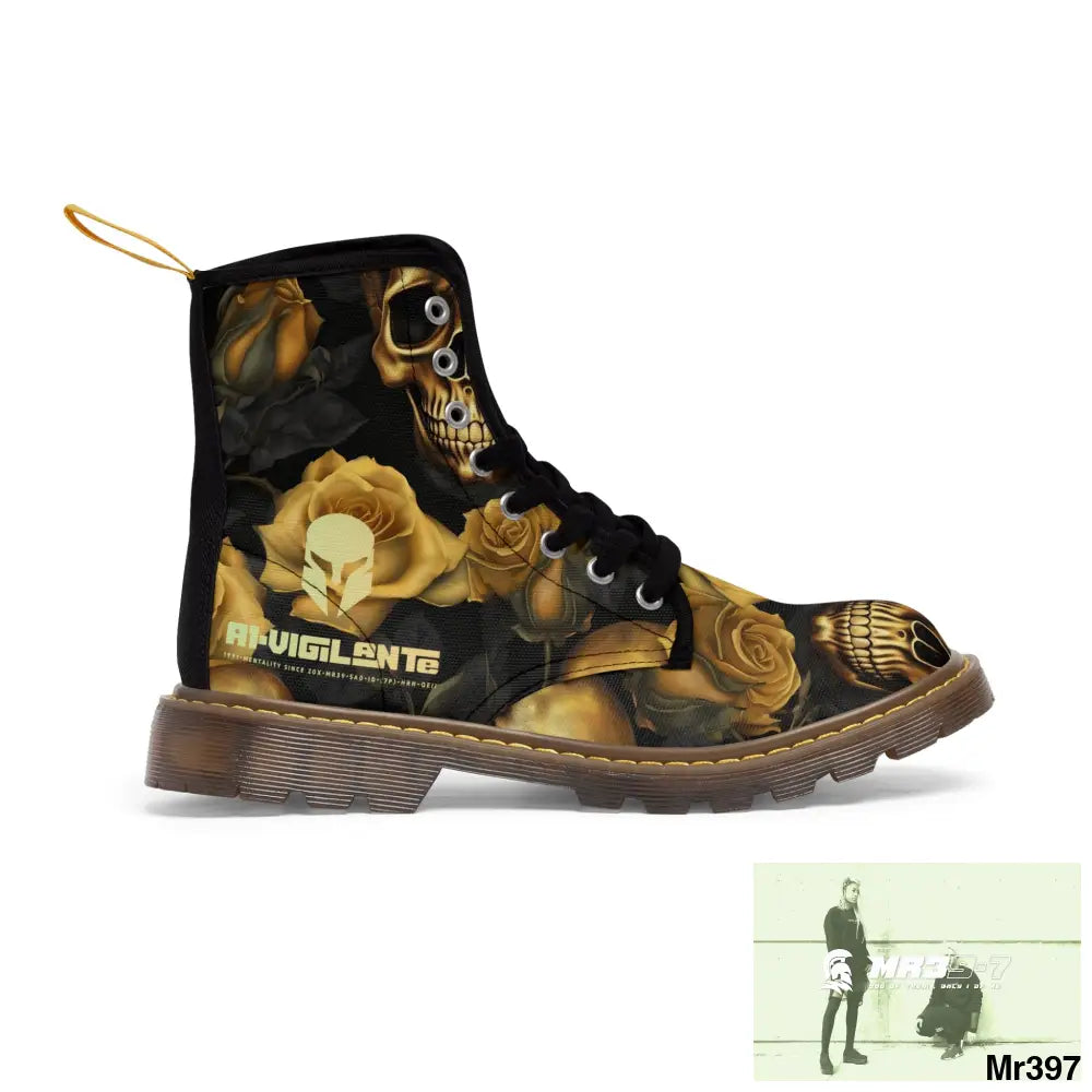 No 2 A1-Vigilante Sparta Gothic Skulls and Gold Roses Canvas Boots AOP US 7 / Brown sole Shoes