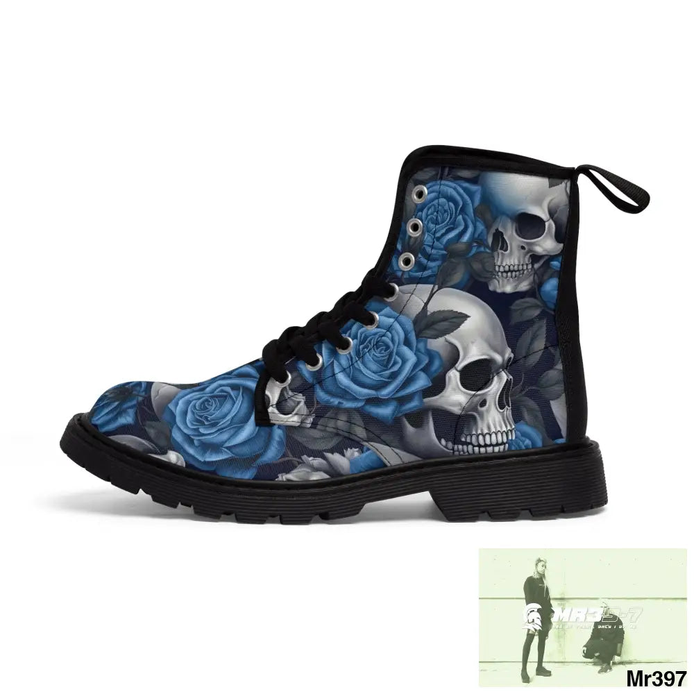 No 2 Gothic Skull and Blue Roses Canvas Boots AOP Shoes