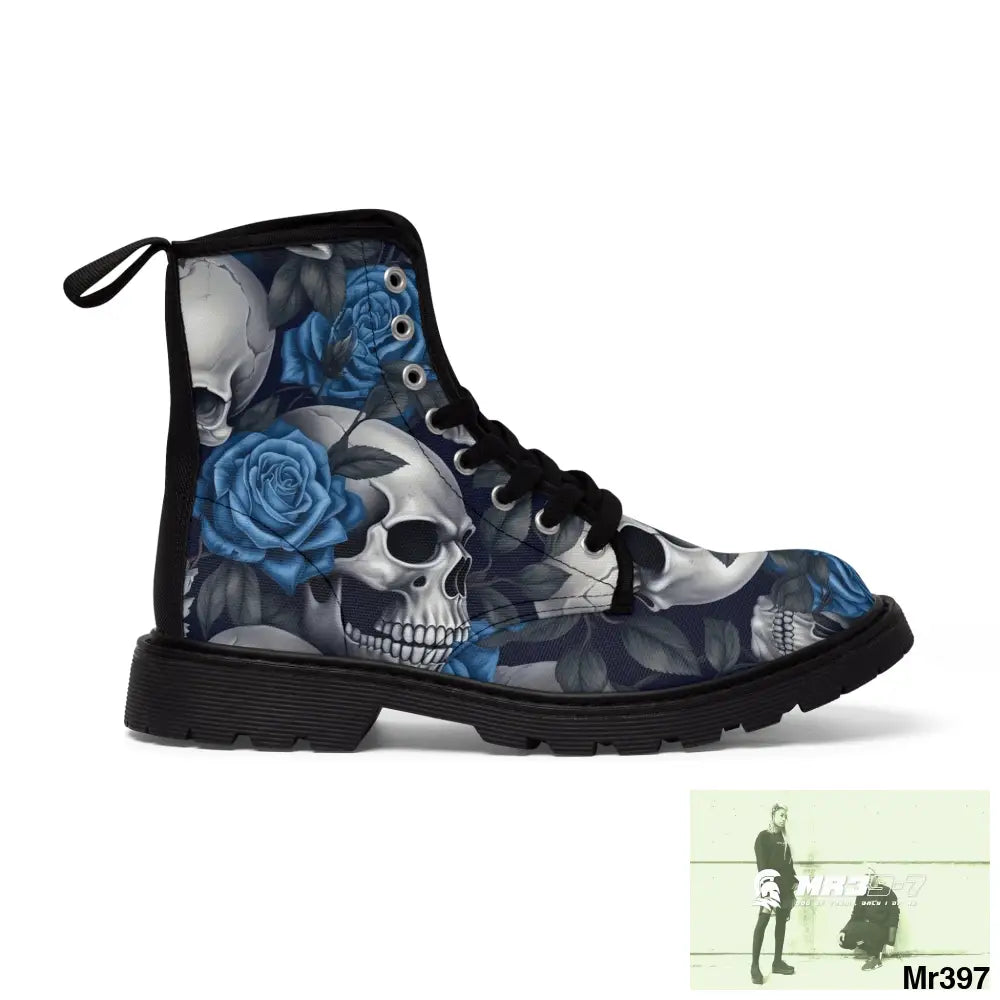 No 2 Gothic Skull and Blue Roses Canvas Boots AOP Shoes