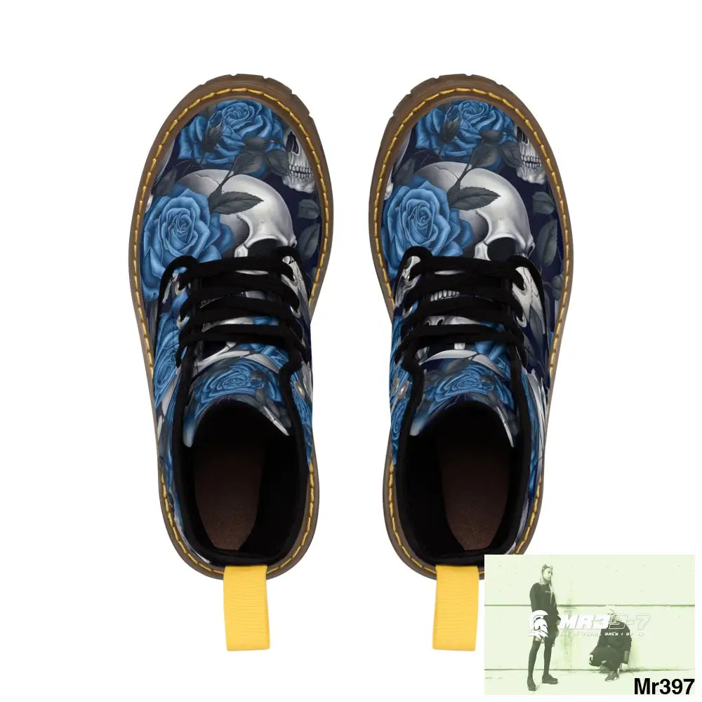 No 2 Gothic Skull and Blue Roses Canvas Boots AOP Shoes