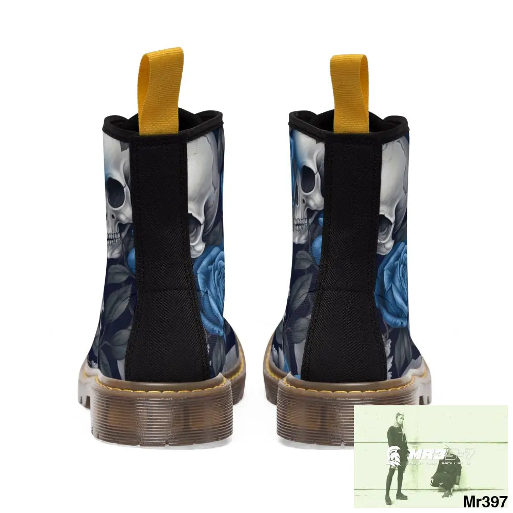 No 2 Gothic Skull and Blue Roses Canvas Boots AOP Shoes