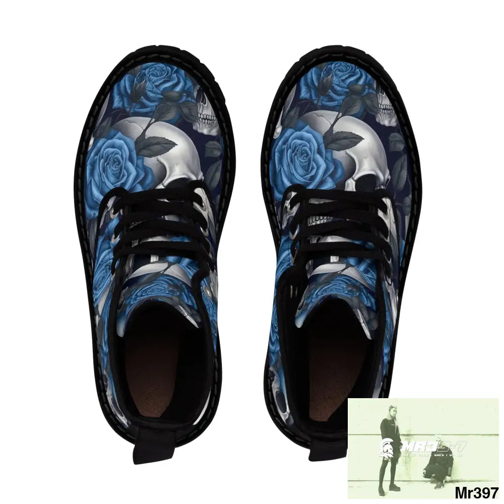 No 2 Gothic Skull and Blue Roses Canvas Boots AOP Shoes