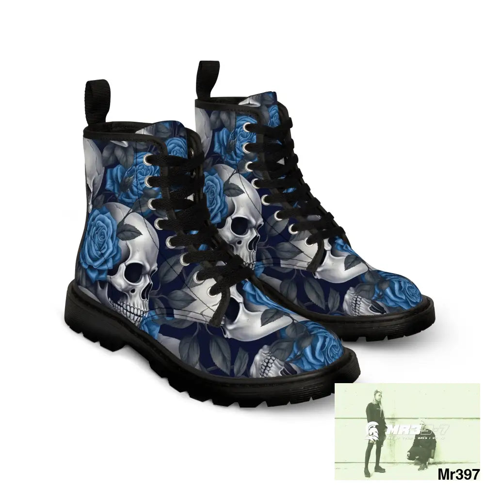 No 2 Gothic Skull and Blue Roses Canvas Boots AOP Shoes