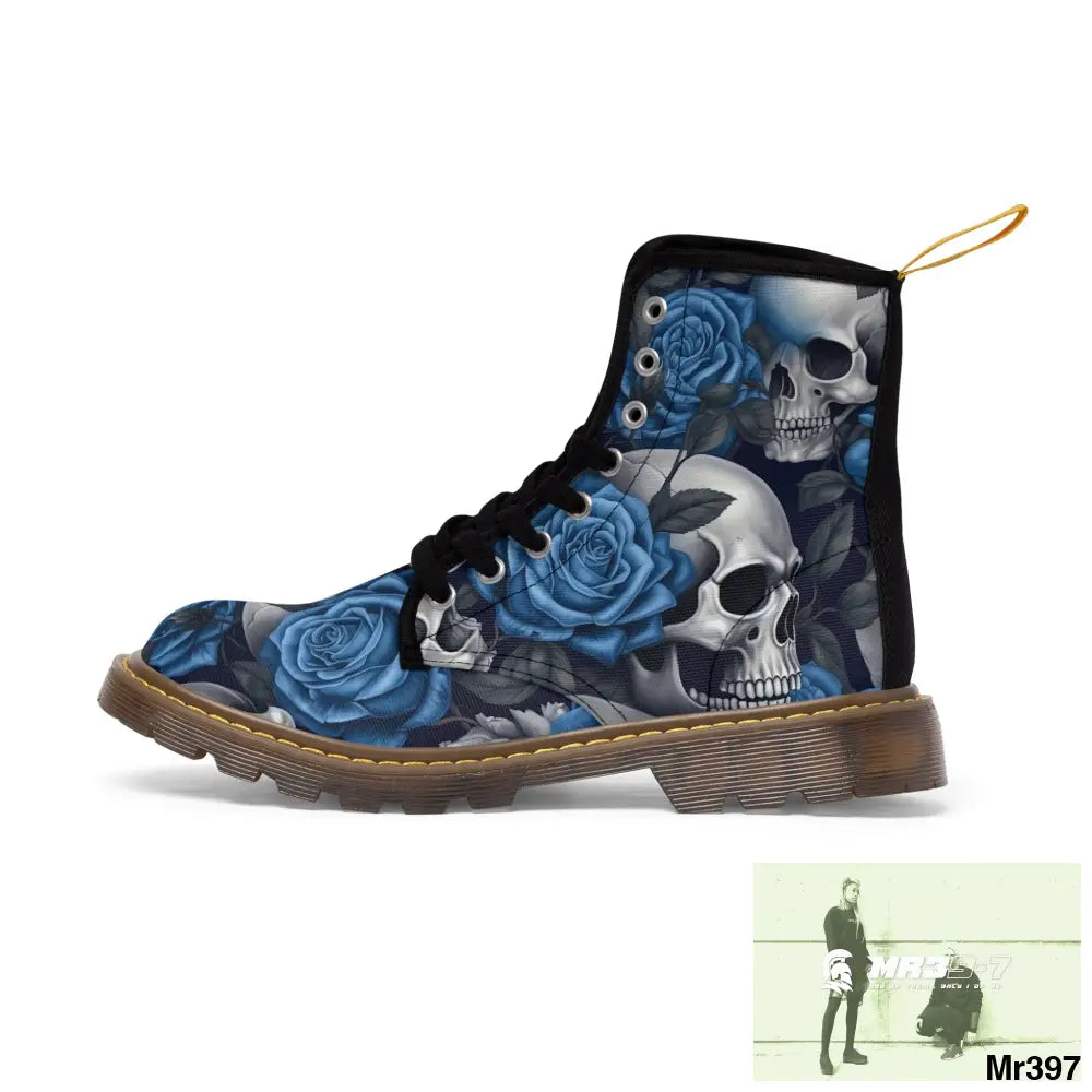 No 2 Gothic Skull and Blue Roses Canvas Boots AOP Shoes